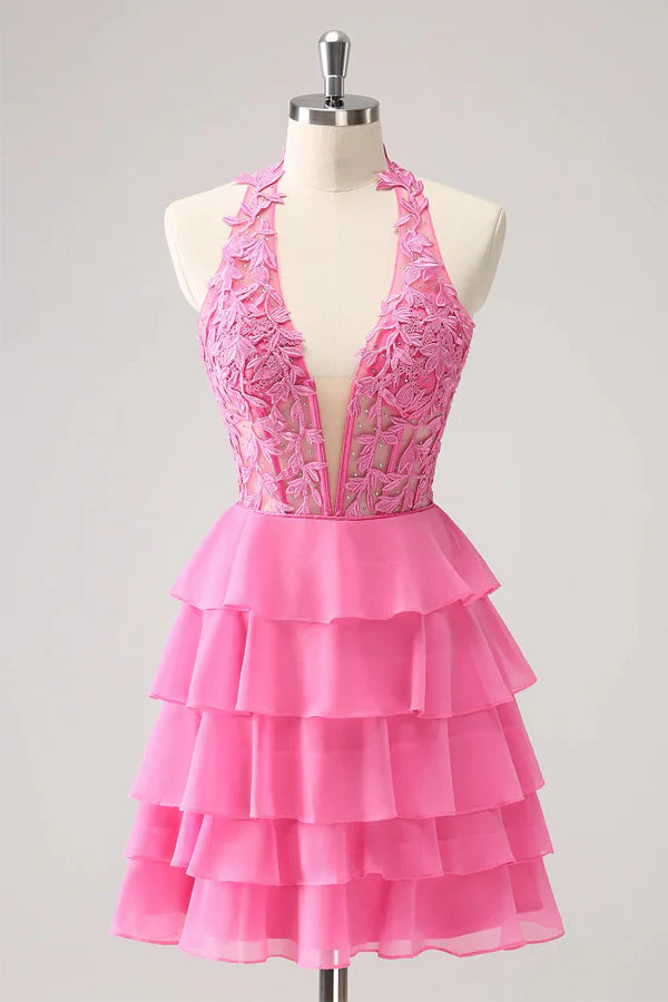 Robe Weitese rose vif trapèze sans bretelles à volants et corset, jolie robe de soirée